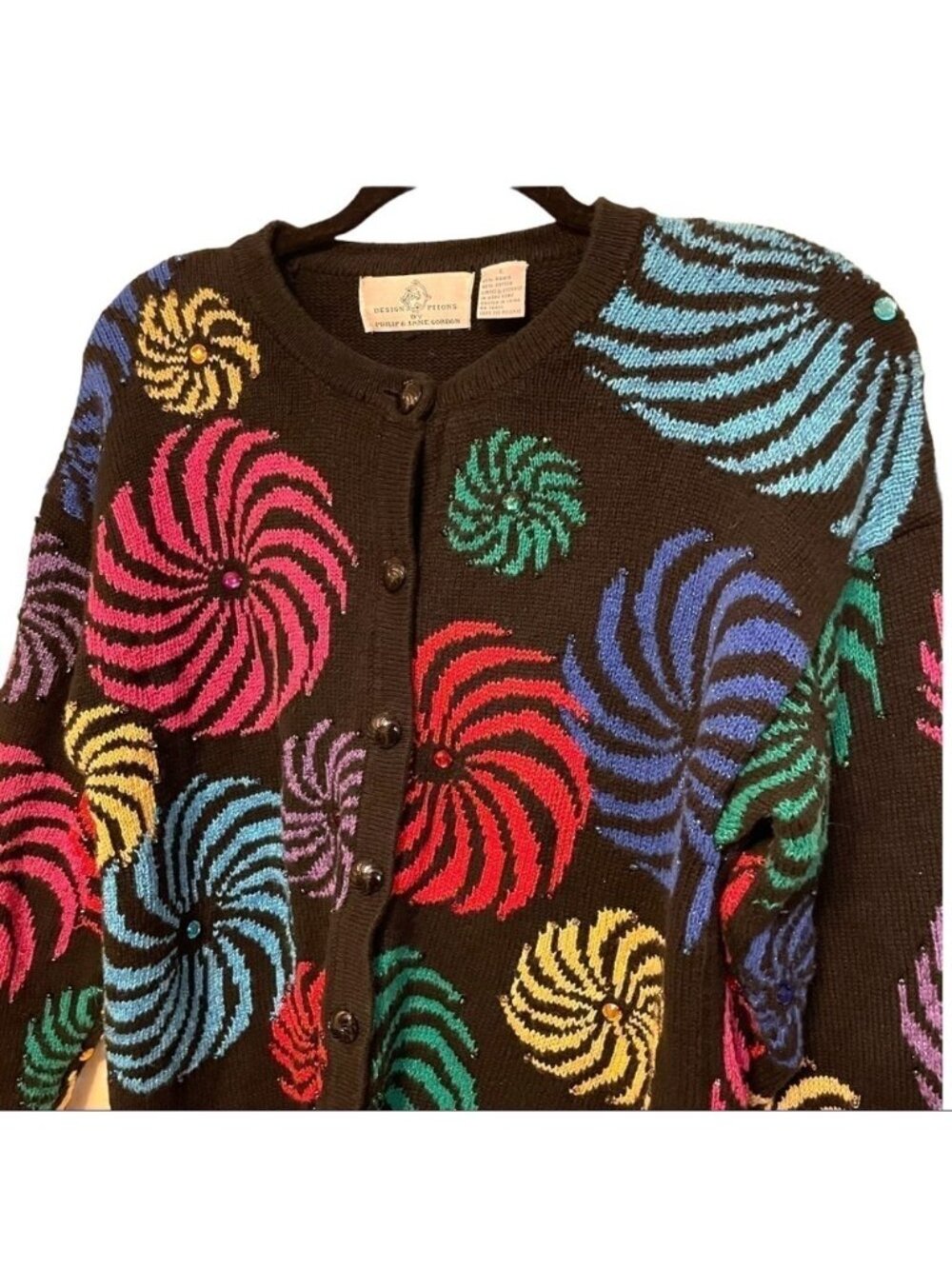 Vtg Design Options Cardigan Sweater Large Phillip Jane Gordon Pinkwheel Swirls - Picture 11 of 12